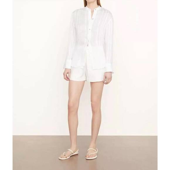 NEW VINCE drapey stripe band collar shirt in optic white - Picture 1 of 1